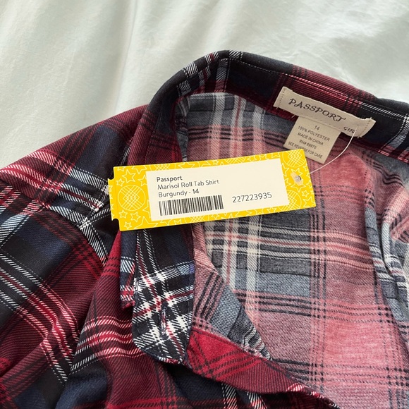 NWT: burgundy & navy plaid passport button up shirt - Picture 3 of 7